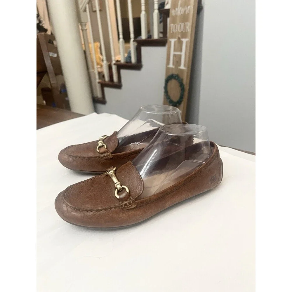 Born Malena Shoes 7.5 Slip On Driving Flat Loafers Brown Leather Horse Bit Comfy